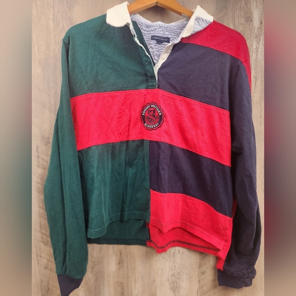 Tommy Hilfiger Striped Collared Colorblock Cropped Long Sleeve Polo LG Women's - Picture 1 of 7